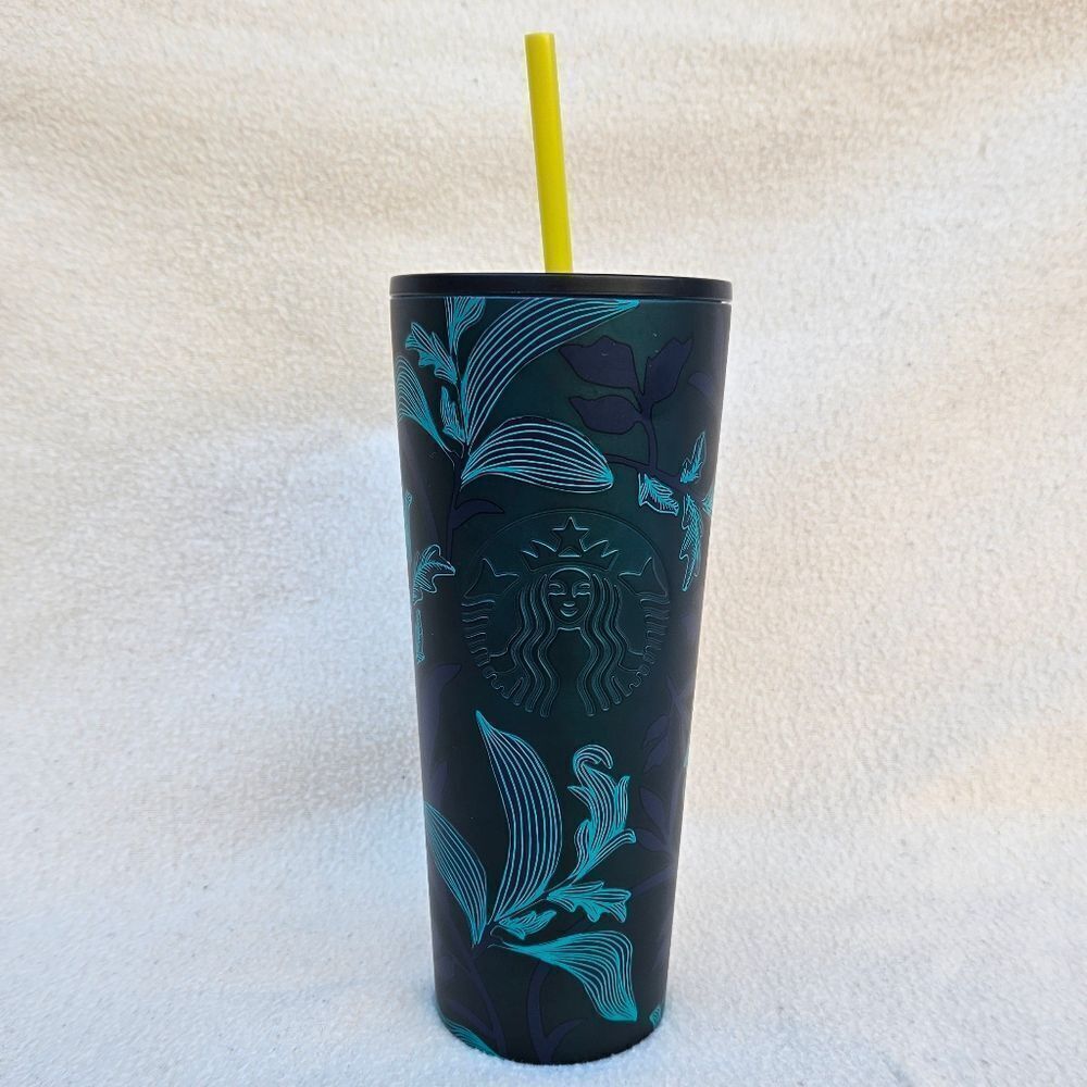 Starbucks Blue and Green Floral Steel Tumbler 24oz